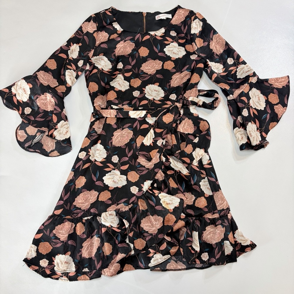 GB Girls Size 10 Floral Dress Black Bell Sleeve Ruffle Hem Tie Waist Party